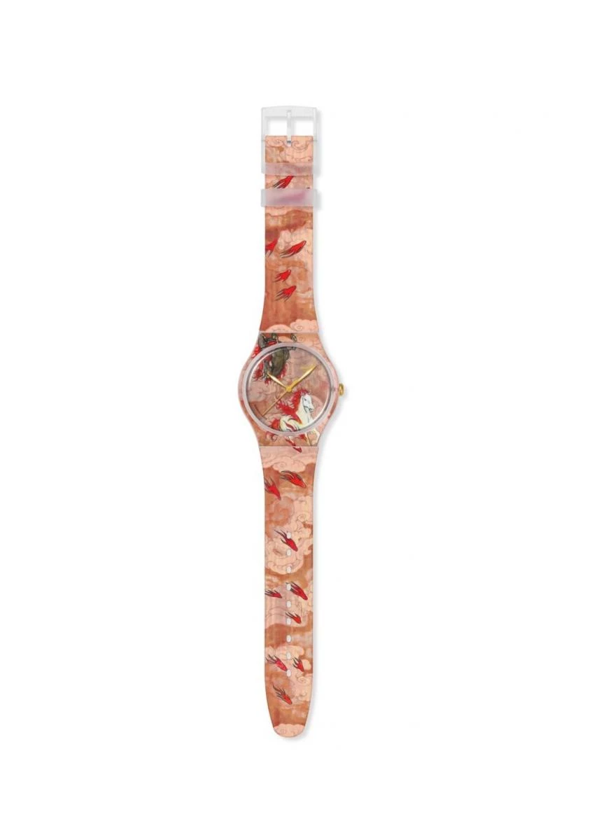 Swatch 向來不以高門檻的工藝語言詮釋生肖,而是選擇用藝術與能量感,為新年帶來一種更直覺、也更貼近日常的祝福。迎接2026馬年,品牌推出特別腕錶 Riding The Clouds,由前 Swatch Art Peace Hotel 駐村藝術家俞文杰共同創作,將傳統文化意象轉化為充滿當代節奏的視覺敘事。錶盤以太陽為核心構圖,兩匹奔騰的駿馬以浮凸印刷呈現,黑白對比呼應陰陽平衡,烈焰般的鬃毛與馬蹄則象徵火馬年的衝勁與行動力;雲紋元素貫穿畫面,寓意幸運與繁榮。緋紅色調從錶盤延伸至錶帶,靈感來自捲軸畫與辟邪紅繩,讓整只腕錶在熱烈中保有文化層次。這不是一只「平易近人」的生肖錶,更是一款鼓勵勇往直前、盡情閃耀的年度象徵,將馬年的精神轉化為人人都能佩戴的能量宣言。