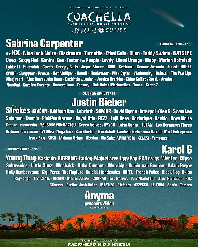 2026 Coachella 將於 4/10 - 4/12，以及 4/17 - 4/19 日盛大舉行，日前主辦方也釋出一系列超強卡司，包含在兩個月內無預警推出兩張專輯《SWAG》與《SWAG II》的小賈斯汀（Justin Bieber）、去年以一首〈Espresso〉成為新生代天后的莎賓娜·卡本特（Sabrina Carpenter）、來自哥倫比亞的雷鬼天后卡羅爾·G（Karol G）、以及義大利知名 DJ 馬提奧·米勒里（Anyma）將擔綱壓軸舞台。