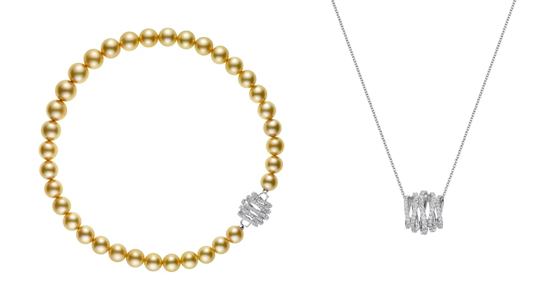 (左) MIKIMOTO Day and Night 系列，南洋黃金珍珠18K白金鑽石串鍊，1,450,000元。
(右) 可將串鍊的鑽石釦頭，卸下搭配18白K金鍊，成為別緻的墜鍊。