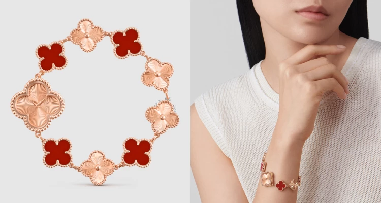 每一年皆為經典「Alhambra」四葉草系列注入新作的Van Cleef & Arpels,日前推出一系列以璣鏤雕花玫瑰金,搭配上艷麗紅玉髓的設計鍊錶。