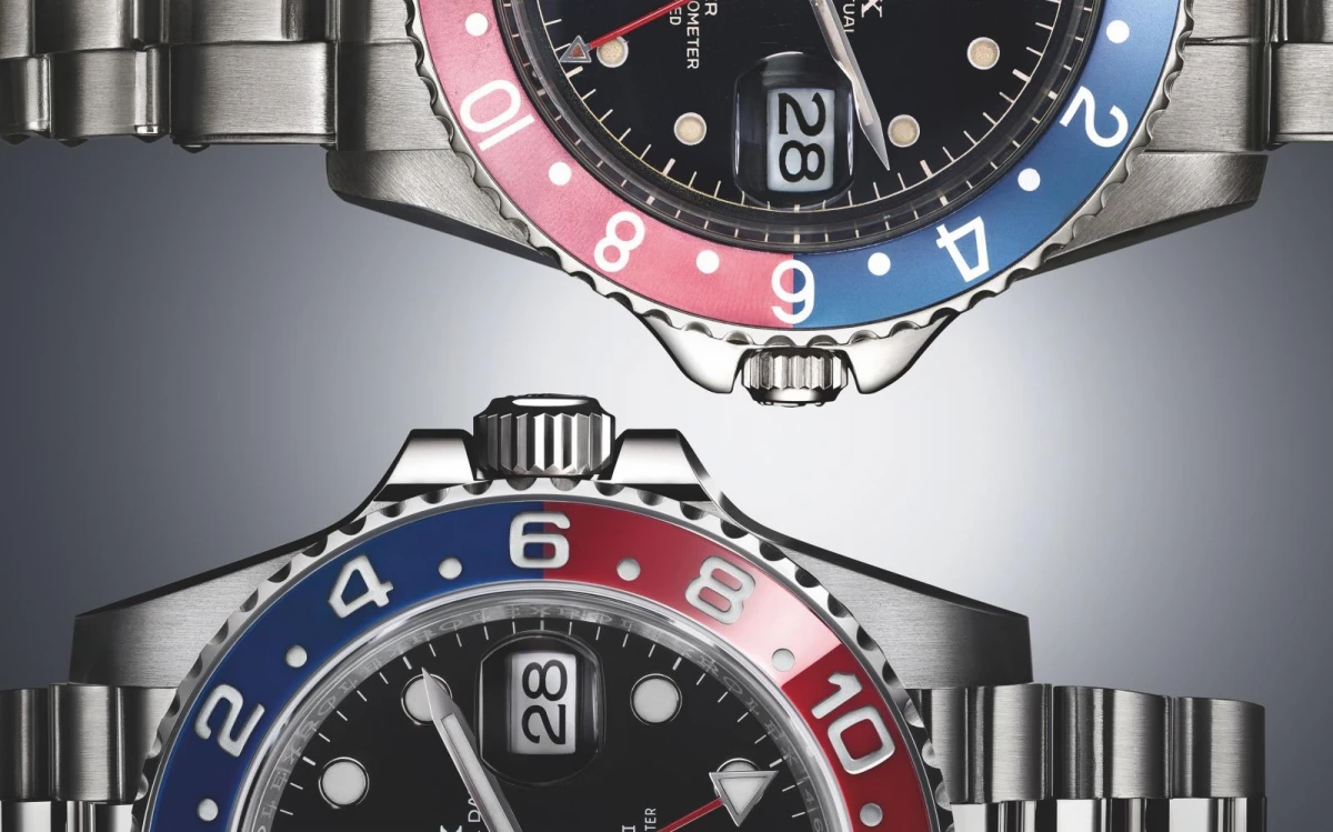 GMT-Master II，不銹鋼，紅藍雙色字圈，1959年，型號1675（上）及 GMT-Master II，蠔式鋼，紅藍雙色字圈， 2018年，型號 126710 BLRO（下）。