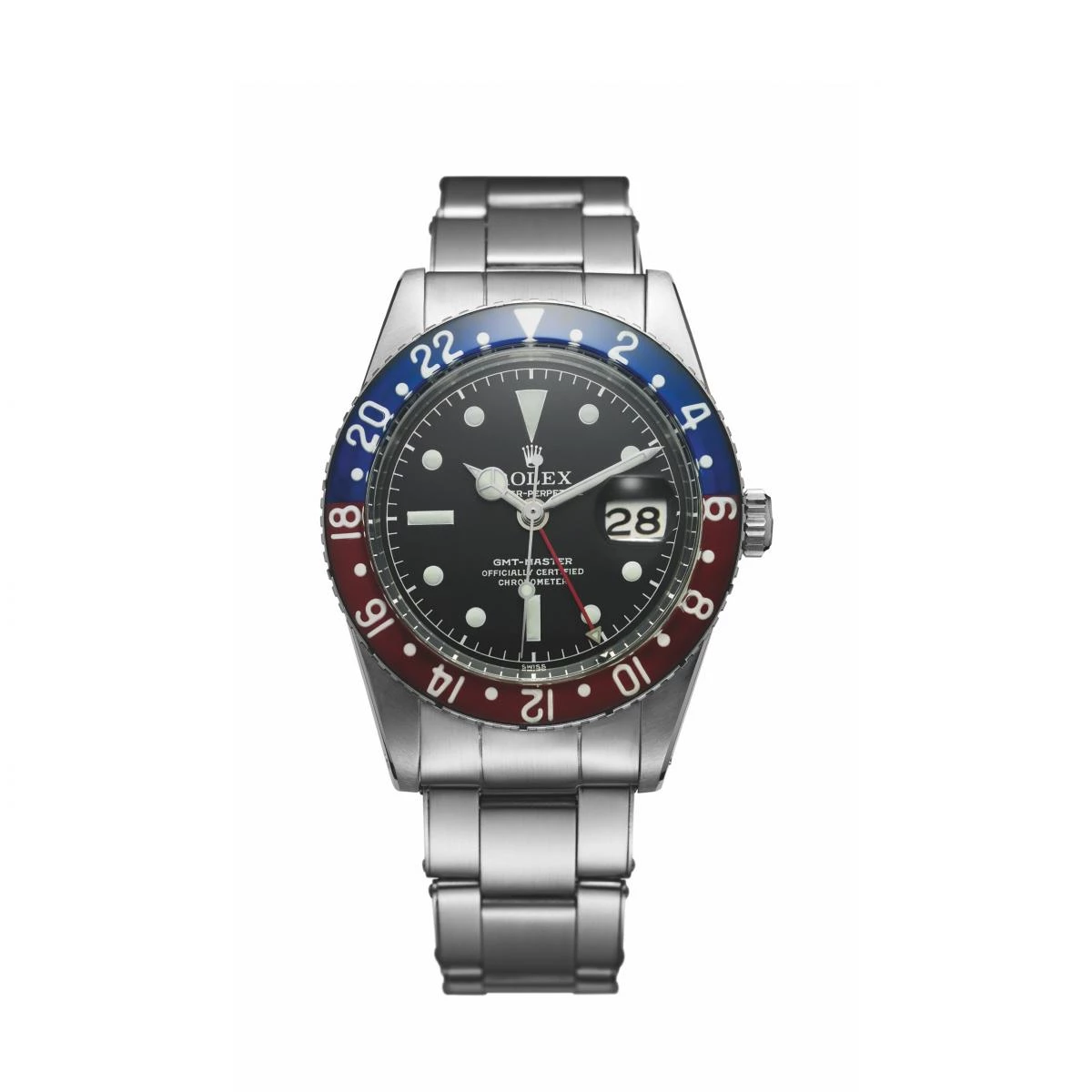 GMT-Master II，不銹鋼，紅藍雙色塑膠玻璃字圈，1955年，型號6542。