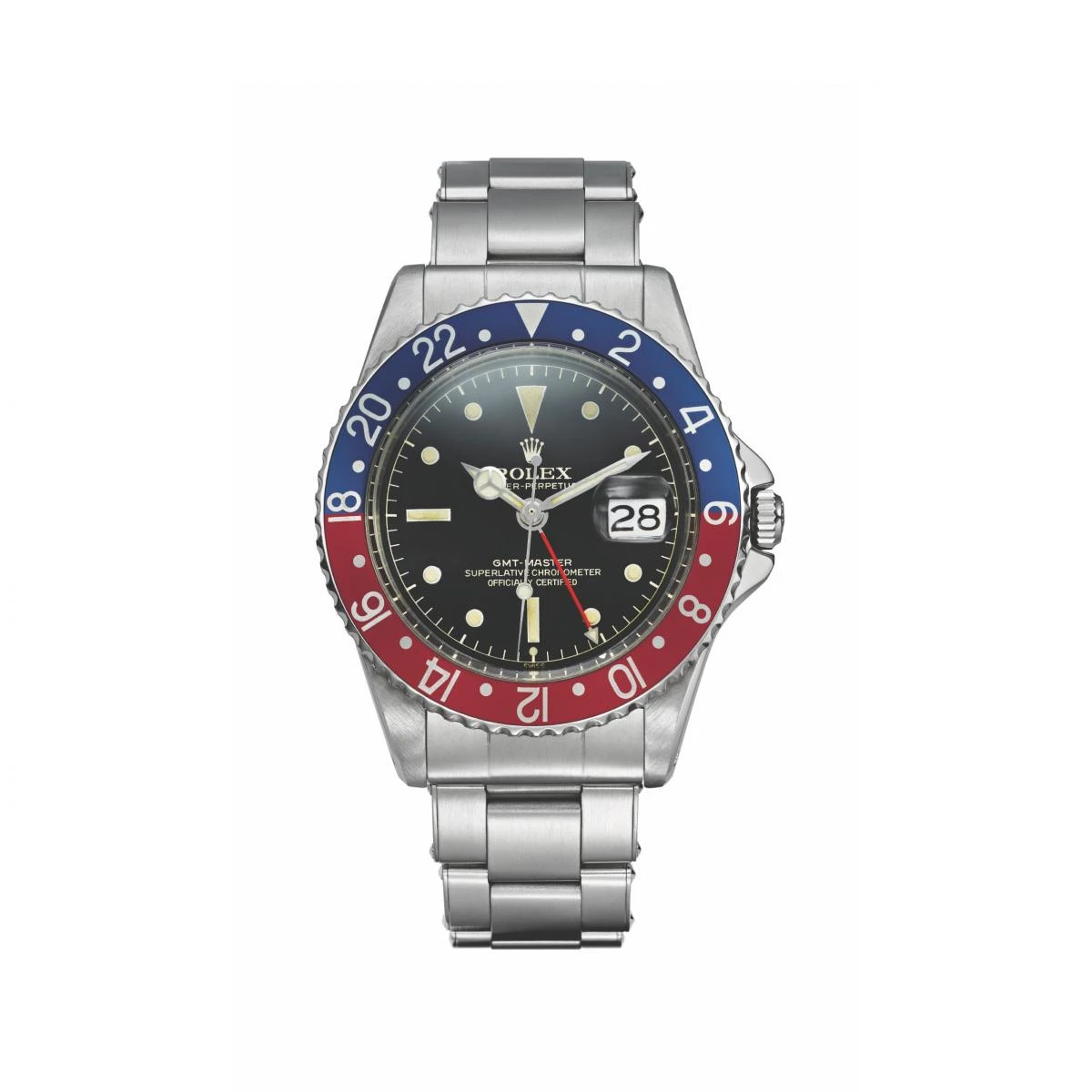 GMT-Master II，不銹鋼，紅藍雙色字圈，1959年，型號1675。