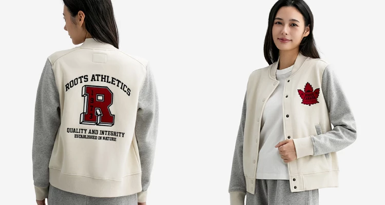 這件Roots「Heritage」系列棒球外套，一穿上就立刻有校園系經典感，彷彿走在大學操場上拍偶像劇的場景！