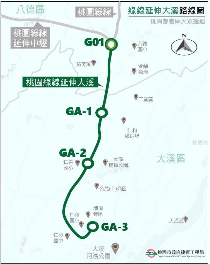 除了原訂的 21 站，桃園綠線將計畫「延伸大溪」，有望增設 5 座車站、全長約 7.9 公里，從 G01 建德興豐站，一路延伸至 GA05 大溪老街站。可行性研究已完成，預計將於今年底前送交交通部進行續審。屆時完工後，將可北接機場捷運通往台北、西接中壢車站，讓往返大溪的交通變得更加便利。