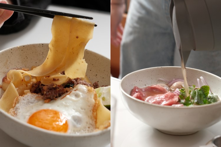 主廚用越南、台式與現代法式的元素重新演繹義大利麵，越南生和牛湯麵以天使細麵替換河粉，柔順口感吸附濃郁牛骨湯，日本A5和牛的油脂在熱氣中散開，像把經典河粉推向更精緻的料理層次。白