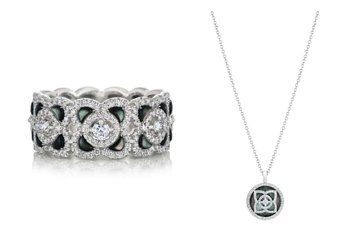 Enchanted Lotus 18K白金灰色珍珠母貝鑽石戒環,NT$ 228,000 / Enchanted Lotus 18K白金灰色珍珠母貝鑽石鍊墜,NT$ 88,000