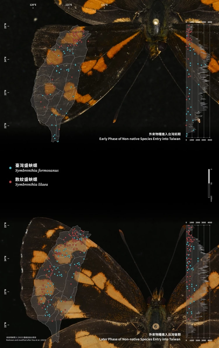 【物種擴散】 透過視覺化圖表轉譯，清楚呈現外來種與原生種在臺灣的地理分佈版圖與擴散趨勢。｜攝影/吳士緯，資訊圖表/格式設計