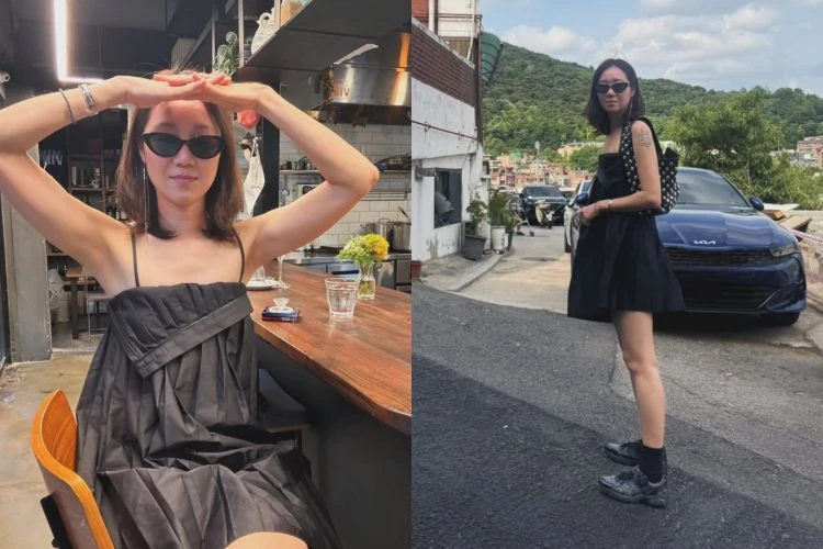 這組全黑造型以不同材質和廓形堆疊出強烈個性，細肩百褶洋裝作為主角，百褶細節讓黑色不顯單調。