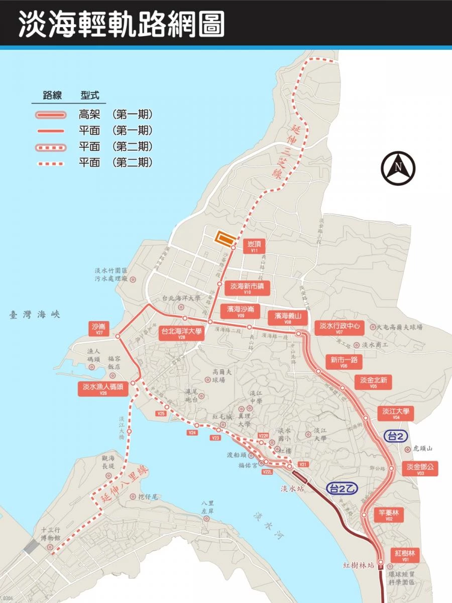 除了淡海輕軌第二期,政府也規劃了「八里輕軌」,以串連淡水、八里地區,連結台北港與淡水新市鎮。路線起於淡海輕軌第二期 V25 站,共用淡海輕軌第二期路線,續行至中正/沙崙路口後左轉,經由淡江大橋跨越淡水河,隨八里端匝道轉入博物館路,行經十三行博物館,沿商港三路、商港一路,經台 64 線後轉入中山路三段設置終點站。全線長度約 6 公里,設有 7 座車站,打造淡水—八里一日觀光廊帶。