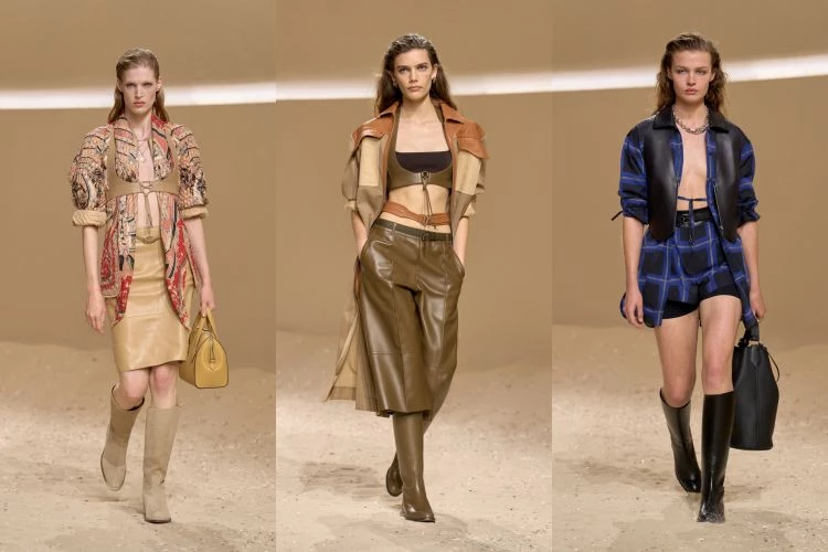 絲巾在 Hermès 的宇宙裡，從來不只是配件。本季，絲巾即興折疊成上衣、被皮革束胸固定，也能蜿蜒成雕塑感頸飾，在陽光下閃著細緻光澤，成為本季造型中的一大亮點。