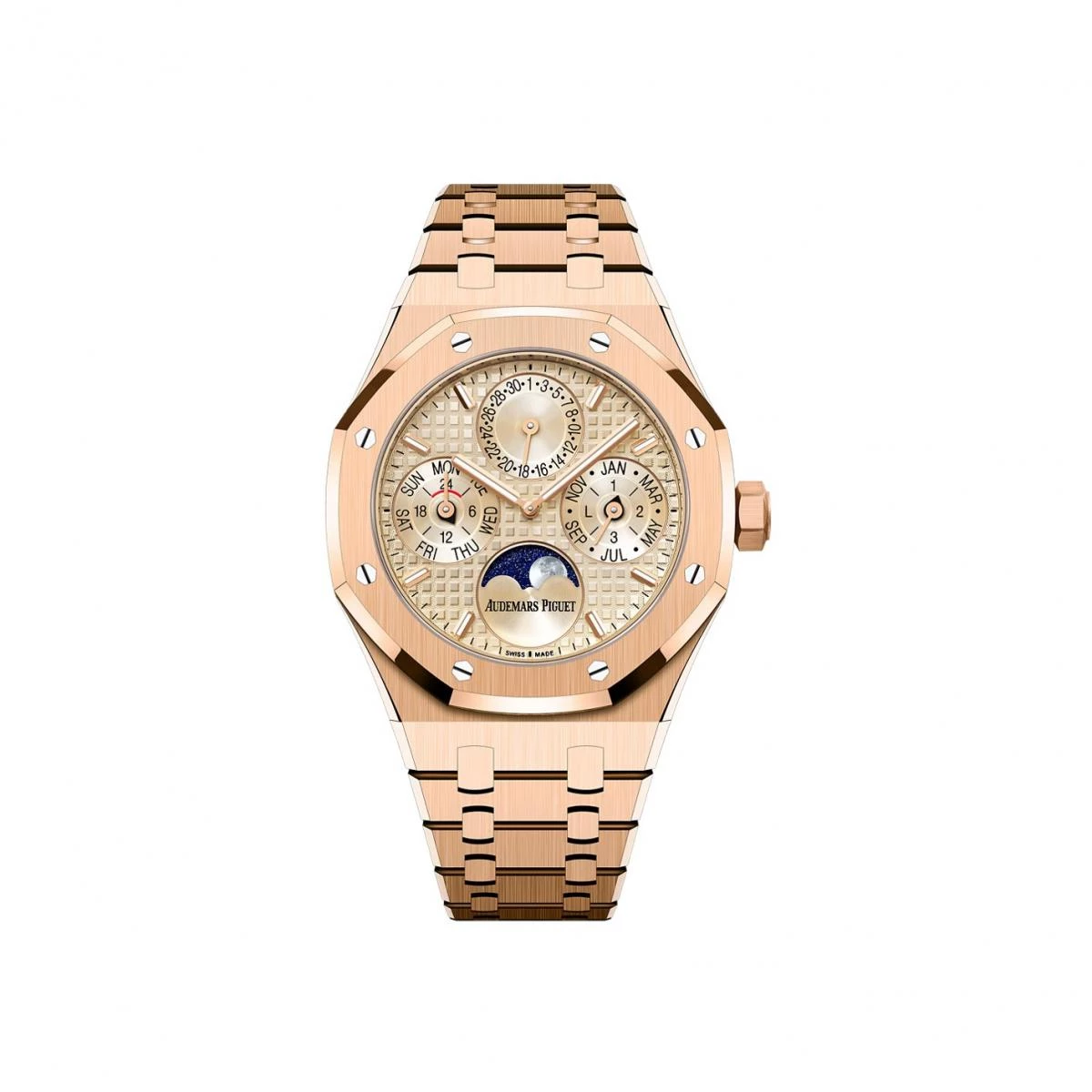 愛彼的 Royal Oak 皇家橡樹38毫米萬年曆腕錶，是現代女性對智慧與品味的最佳註解。18K玫瑰金錶殼搭配「Grande Tapisserie」大型格紋錶面，既有工藝的理性，也有設計的藝術感。全新7136機芯以三項專利打造萬年曆功能，讓複雜結構化為易於操作的日常。米色錶盤與同色小錶盤之間的層次細節，猶如時間的肌理。它不僅記錄年月日與月相，更象徵著女性對生活的掌握——懂得平衡工作與自我，也能在繁忙中留白。此款腕錶的稜角與線條，是力量的象徵，也是女性魅力的延伸。