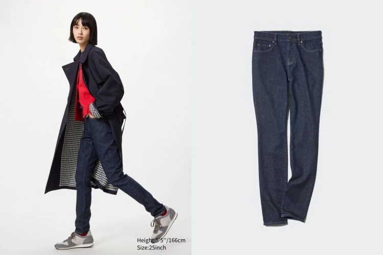 Uniqlo合身剪裁款式大多採用高彈性、回彈力佳的彈性牛仔布,即使長時間穿著、久坐或活動量大,也不容易感到緊繃,線條仍能維持俐落。剪裁順著腿型往下收,不刻意強調曲線,反而讓腿部比例看起來更乾淨。