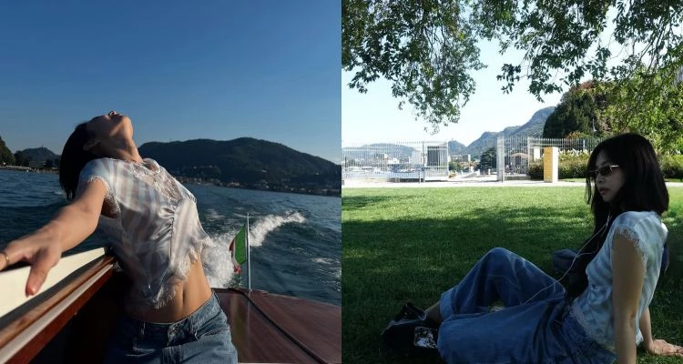 Jennie上身輕盈透膚、以蕾絲點綴的短版剪裁，呼應下身寬鬆褲管的灑脫感，形成「上窄下寬」的完美比例。