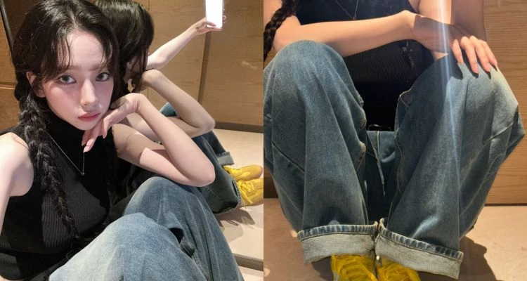 Karina上身的無袖設計展現率性線條，下身則以寬鬆褲型中和，形成「合身＋寬大」的對比美學。