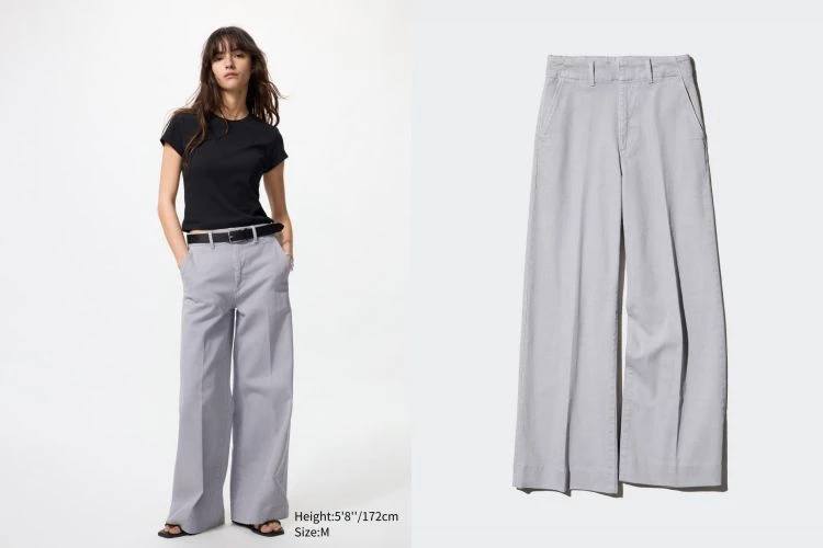 Uniqlo這款寬版牛仔褲，以高腰修身的俐落剪裁展現修長比例，結合貼合腰線的鬆緊設計，兼具造型感與舒適度。
