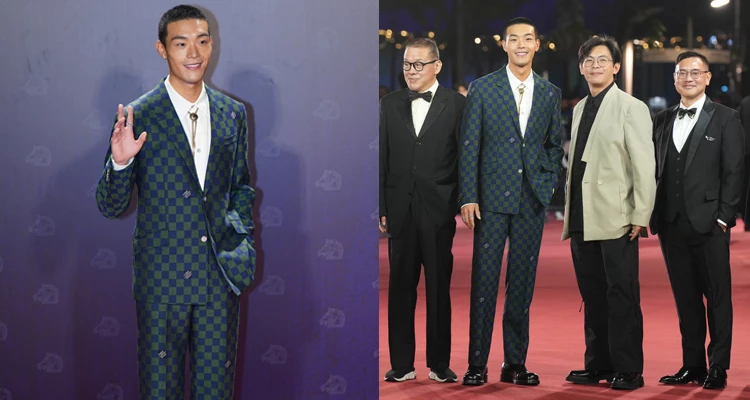最佳新演員入圍牧森，憑《進行曲》首次站上金馬紅毯就非常吸睛。他這次穿上鮮明的墨綠色Louis Vuitton經典Damier棋盤格西裝，線條俐落又帶個性。