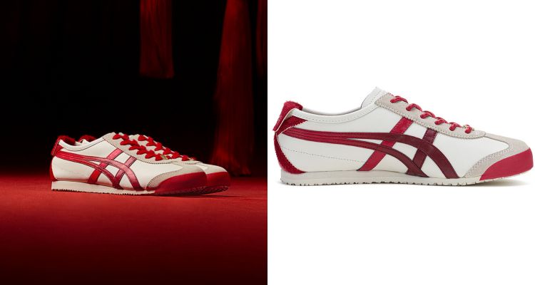延續品牌熟悉的經典輪廓，Onitsuka Tiger Mexico66把馬年象徵的速度、能量與好運轉化成設計，像是鞋墊鋪陳的滿版馬蹄圖樣，鞋身中央以七釘金色馬蹄鐵點綴，還有側身的虎爪紋都融入德訓鞋的細節。
