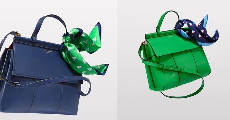 (左) Tory Burch T Satchel 寶藍色手提肩背兩用包,24,900元、T Satchel 綠松色手提肩背兩用包,24,900元。
亦可將絲巾纏繞在繫在手提把上,更增高貴優雅氣息。(絲巾另外加購)