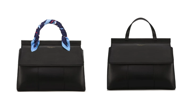 Tory Burch T Satchel 黑色手提肩背兩用包,24,900元。
亦可將絲巾纏繞在繫在手提把上,更增高貴優雅氣息。(絲巾另外加購)
