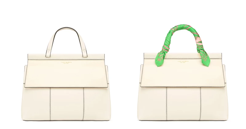 Tory Burch T Satchel 象牙色手提肩背兩用包,24,900元。
亦可將絲巾纏繞在繫在手提把上,更增高貴優雅氣息。(絲巾另外加購)
