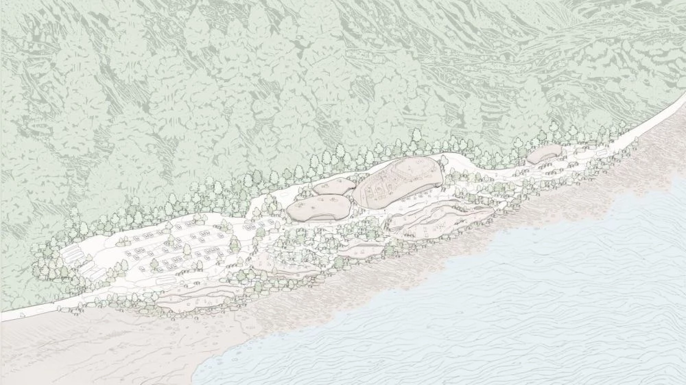 建築將以混凝土打造,並使用拆除建築所產生的再生骨材,預期這些材料最終會被苔蘚與小型植物覆蓋,以進一步融入自然景觀,「在我們的設計中,人造元素的形狀來自周圍的自然,就像場地的自然延伸,而非外來之物。我們的目標從不是將建築強加於景觀之上,而是讓它從自然條件中自然生成,打破筆直線條的單調。」MVRDV 共同創辦人 Winy Maas 說道。
