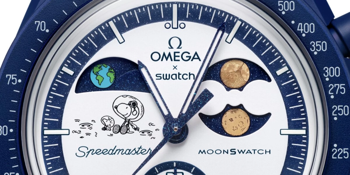 地相盤底部,藏著 Snoopy 與 Woodstock 在月球驚嘆觀賞地球的可愛畫面,展現 Swatch 一貫的童趣與創意。