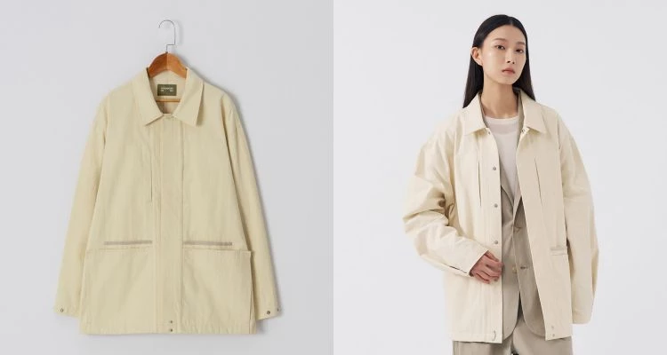 來自台灣的服裝品牌Mouggan,推出這款米杏色工裝外套,門襟採用隱藏式壓釦設計,讓正面線條更乾淨俐落。