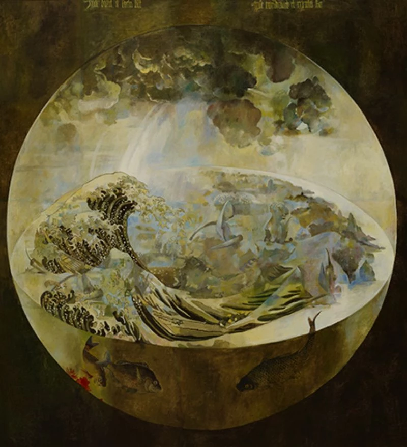 展覽從他早期融合畢卡索與浮世繪風格的創作揭開序幕，延伸至對達文西、林布蘭等古典大師的再詮釋。這些作品以傳統油畫技法為基礎，透過視覺拼貼與跨文化挪用，重新編排藝術史中的經典圖像。畫面中，不同文化語境彼此對話，不僅挑戰觀眾對藝術分類的既定印象，也激發對文化、歷史與創作關係的省思。