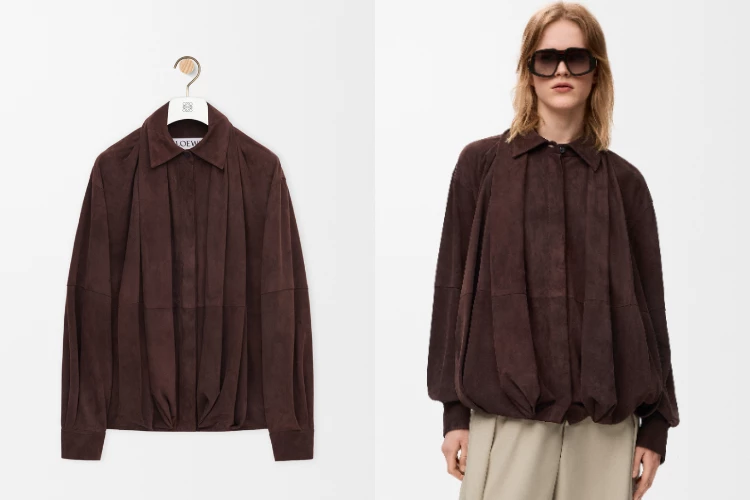 這款Loewe麂皮外套一登場，就像把雕塑穿上身。以標誌性的氣球輪廓搭配柔軟垂墜摺線，份量感與流動線條在身上取得完美平衡，既有建築感，也保留柔軟姿態。