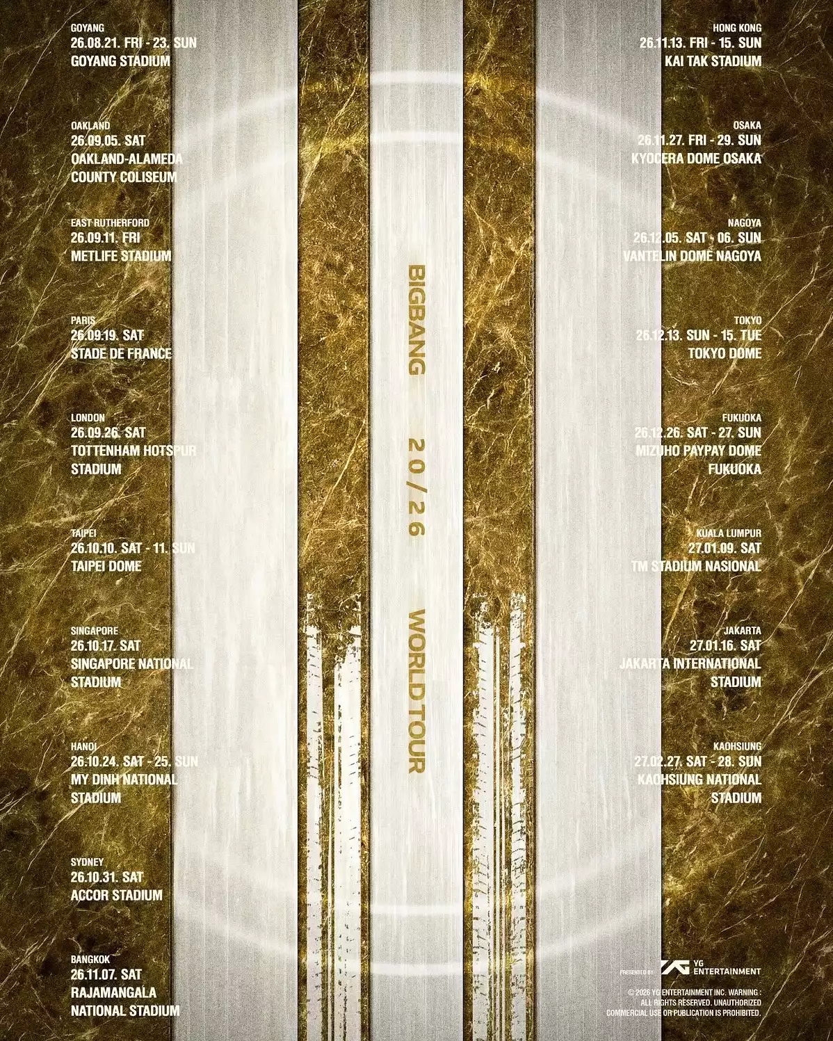 今年適逢 BIGBANG 成軍 20 週年，他們於今年四月合體登上美國指標性音樂節 Coachella，並驚喜宣布 20 週年巡迴演唱會於今年 8 月開跑！並確定於 10 月 10 號與 11 號連兩天在台北大巨蛋開唱，成為海外第一站，高雄則訂定將於 2027 年 2 月 27 日與 28 日舉行。