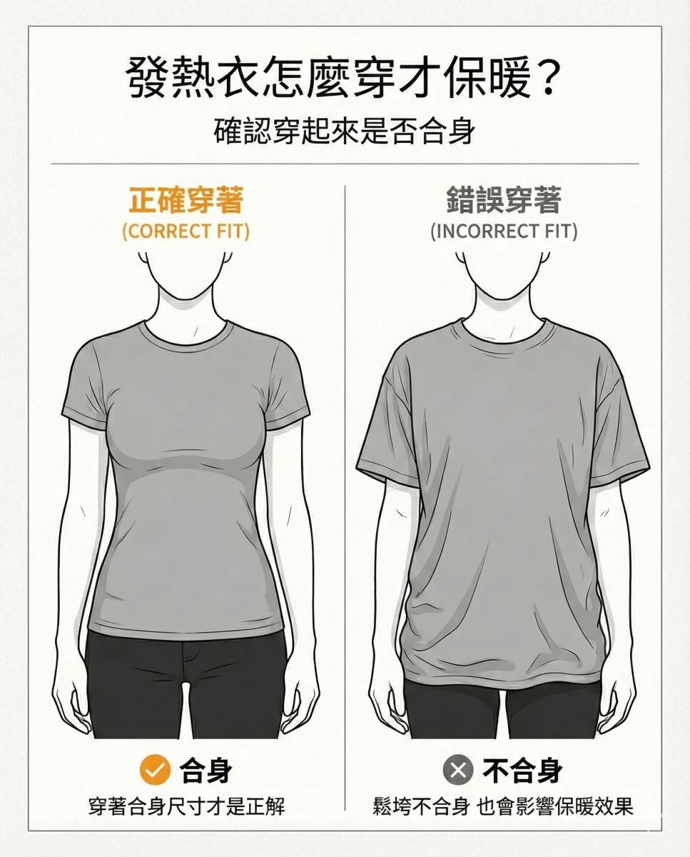 許多人誤以為發熱衣「越寬鬆越好穿」,但事實恰恰相反。Uniqlo 在官方圖示中明確指出,HEATTECH 的保暖原理,來自布料吸收人體散發的汗水與水蒸氣,並將其轉化為熱能,再藉由貼合肌膚的穿著方式鎖住暖空氣。若衣物因長期穿著、洗滌而變得鬆垮,身體與布料間產生過多空隙,熱能便容易流失,保暖效果自然大打折扣。從圖中對比可見,合身的發熱衣應順著肩線、腰身與手臂線條服貼,而非在腹部或袖口堆積皺褶。即使衣服沒有破洞,只要穿起來不再貼身,其實就已經不適合再擔任「保暖內層」的角色。選擇正確尺寸,遠比多穿一件更有效。