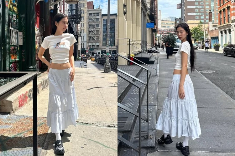 Jennie一直以來都透過各種造型證明,真正的時髦從不費力!這套造型以短版貼身T-shirt搭配層層堆疊的白色長裙,柔美又率性。