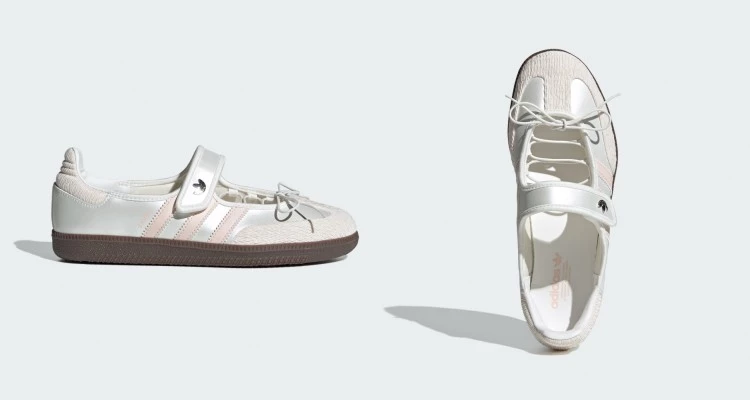 Adidas Samba再進化!這次融合將經典瑪莉珍鞋型,以柔白配上淡粉三條線,結合瑪莉珍綁帶與魔鬼氈設計,完美融合復古與少女感。