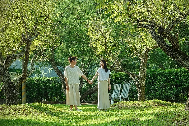 步入「梅園」，翠蔭層層、溪聲潺潺，待冬季來臨，滿園梅花盛放，素雅清香為山林添上一抹詩意。