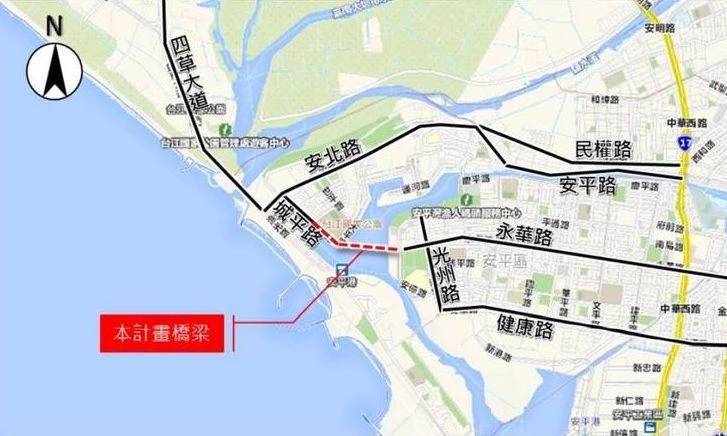 另一項亮點，就是景觀設計。大橋採景觀橋概念，橋墩造型融入「台江候鳥」意象，將台江地區豐富的濕地生態轉化為建築語彙。搭配輕量化鋼筋混凝土橋體，讓大型交通建設不只是道路，更成為安平港景觀的一部分。橋上也規劃人行道與觀景平台，並設置夜間光雕設備。白天可作為交通與步行空間，夜晚則有機會透過燈光設計呈現不同於白天的港灣景觀。