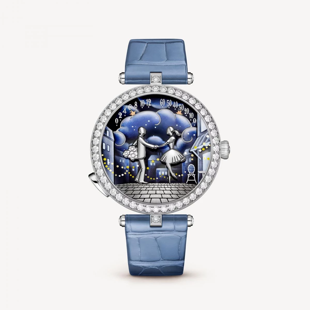 Lady Arpels Bal des Amoureux Automate 腕錶是一場愛情故事的縮影。錶盤上戀人於巴黎戶外咖啡廳相遇,在節慶燈火下輕輕一吻,這一幕不是靜止畫面,而是隨機芯運轉的動態畫面,展現出栩栩如生的姿態。