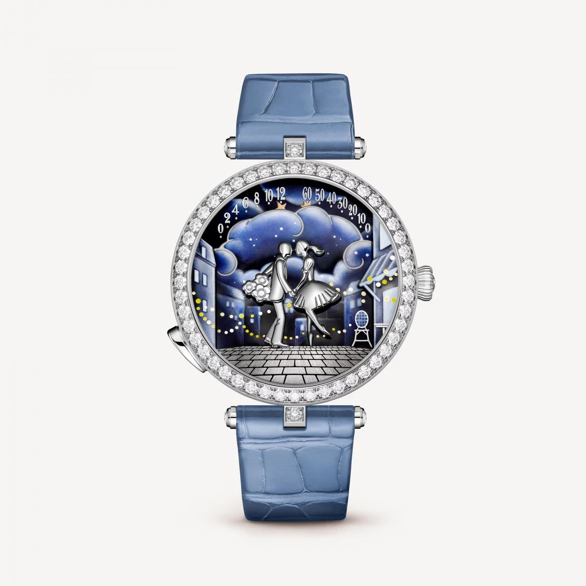 Lady Arpels Bal des Amoureux Automate 腕錶是一場愛情故事的縮影。錶盤上戀人於巴黎戶外咖啡廳相遇,在節慶燈火下輕輕一吻,這一幕不是靜止畫面,而是隨機芯運轉的動態畫面,展現出栩栩如生的姿態。