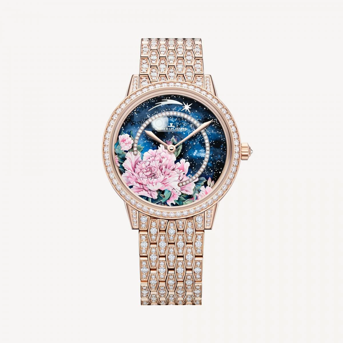 Rendez-Vous Jewellery Shooting Star 約會系列腕錶,讓流星墜落於錶盤之上,將稍縱即逝的奇蹟留駐腕間。積家的 Métiers Rares™ 珍稀工藝工坊,以手工彩繪牡丹、珍珠母貝夜空與數百顆鑽石,共同織就一場光影盛宴。