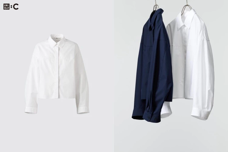 Uniqlo C系列以極簡線條與俐落輪廓著稱，這款棉質短版襯衫採用挺拔府綢面料，觸感輕盈卻不失結構，短版剪裁自然修飾腰線，顯瘦之外還能展現俐落比例。