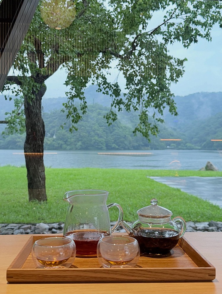 湖畔茶屋外觀以深色貨櫃屋構築,四周被龍潭湖的綠地與步道包圍,前方延伸著一片開闊草坪,湖光與草色在此交錯,形成一處同時擁抱湖景與自然綠意的放鬆場域,非常值得在這裡度過慵懶的午後。