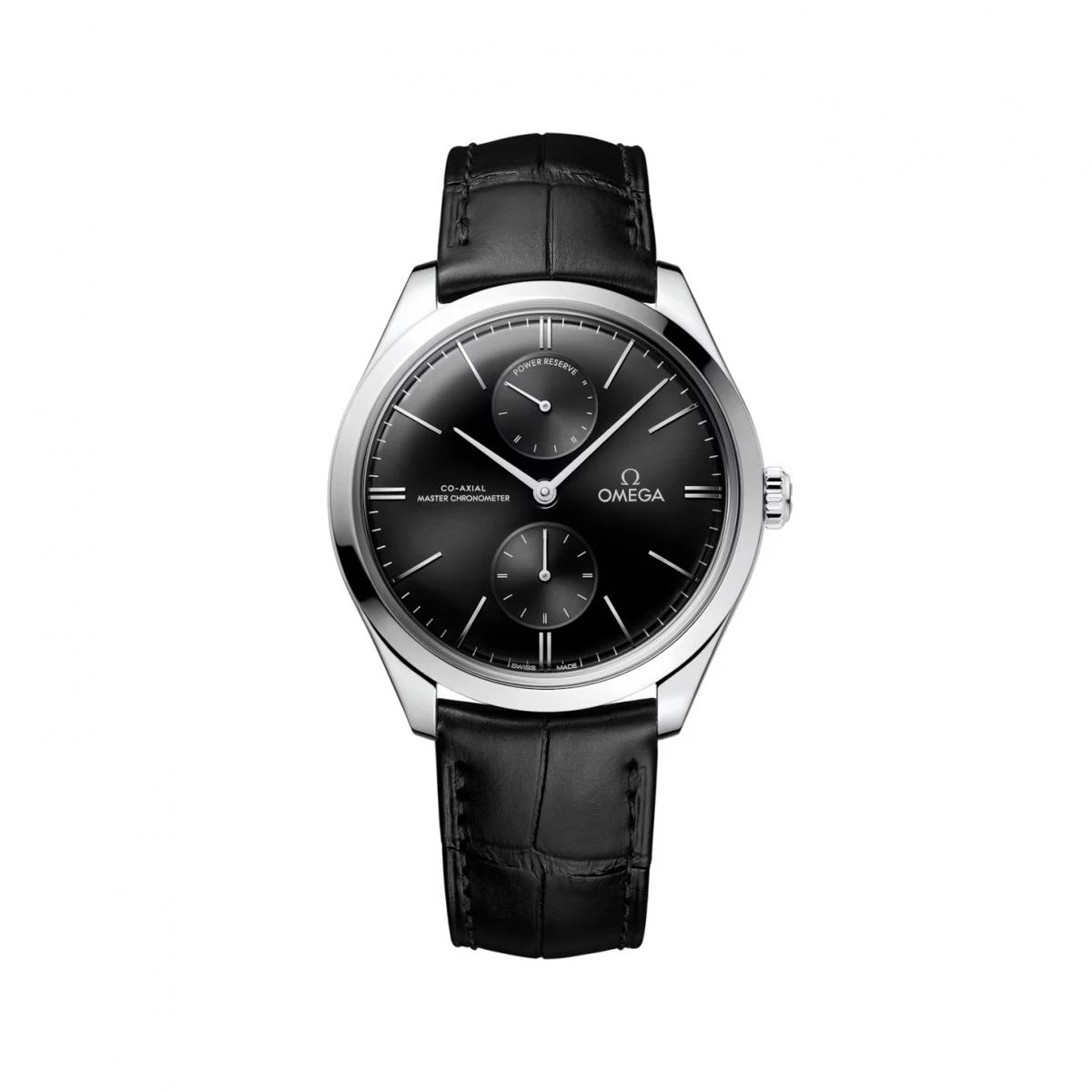 Omega 歐米茄碟飛 Trésor 系列於1949年問世，搭載傳奇的30毫米機芯，圓弧形黑色錶盤的12點鐘位置設有動力儲存顯示，6點鐘位置設有小秒針顯示，指針及圓弧形時標均採用18K白金製成。