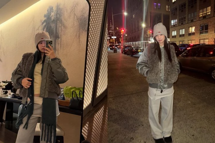 這套造型Jennie選擇的是帽身較高、包覆範圍偏大的毛帽，配戴時不刻意往下壓，反而保留空間感，讓頭部線條看起來更修長。