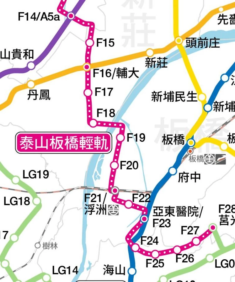 泰板輕軌起點為 F14 塭仔圳站(桃園機場捷運 A5a 站),沿途包括:F15 磚仔厝站、F16 輔大站(中和新蘆線 O19 站)、F17 後港站、F18 瓊林站、F19 僑中站、F20 三抱竹站、F21 浮洲站(近台北紙廠簡易公園)、F22 合安路站、F23 亞東醫院站(板南線 BL05 站)、F24 南雅站、F25 信義國小站、F26 廣福站、F27 四汴頭站、F28 莒光站(萬大中和線 LG08A 站),全線可連接北北桃共同生活圈,縮短城鄉距離。