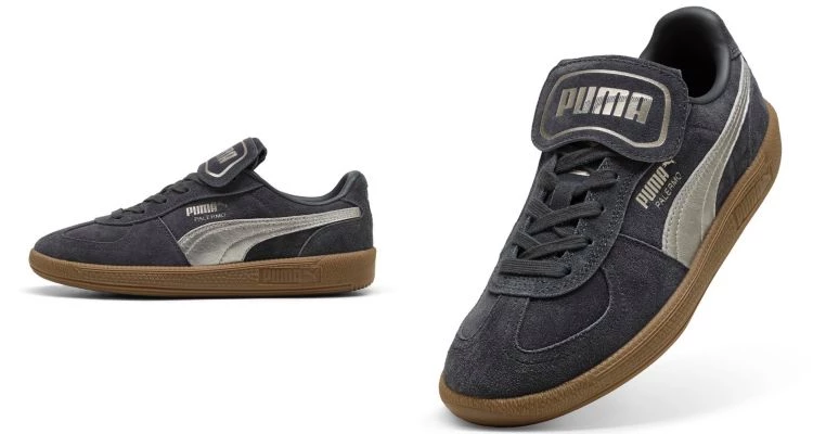 Puma Palermo Premium Metallic以經典T字鞋頭為基礎,透過撞色配置與細膩材質更新輪廓,讓復古鞋型更時髦。設計靈感延續品牌與足球文化的深厚連結,麂皮鞋面結合帶有金屬光澤的線條,並加入可拆式麂皮鞋舌細節,讓整體在質感與造型之間取得恰到好處的平衡。