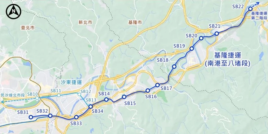 基隆捷運「第一階段」共規劃 13 個上車點，由 SB22 站（台鐵八堵站）起，經過 SB21 站（七堵）、SB20 站（六堵）、SB19 站（百福）、SB18 站（北五堵）、SB17 站（保長坑 1）、SB16 站（保長坑 2）、SB15 站（汐止區公所）、SB14 站（汐科）、SB13／SB34 站（樟樹灣）、SB33 站（南陽大樓）、SB32 站（南港展覽館）、SB31 站（高鐵南港站）。