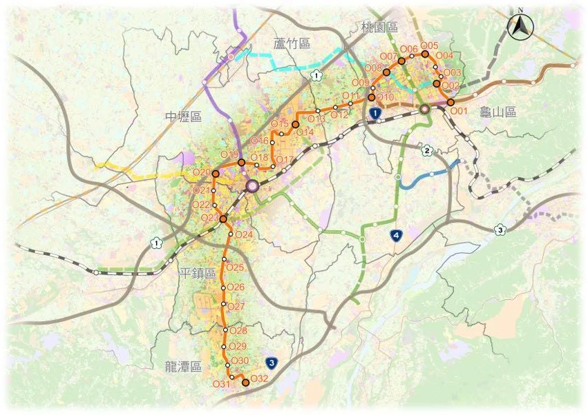 桃園捷運「橘線」將串聯桃園、龜山、蘆竹、中壢、平鎮以及龍潭等六處行政區,全長約 30 公里,規劃 32 個車站。除了紓解台一線長期交通壅塞的情形,也將強化臺鐵地下化後平鎮站的對外運輸功能。該路線從桃園捷運棕線 BR07 站(桃園市龜山區萬壽路二段市立體育場附近)出發,最終進入龍潭市區的龍潭轉運站 O32 站。整體計畫可行性研究已通過市府期中審查。