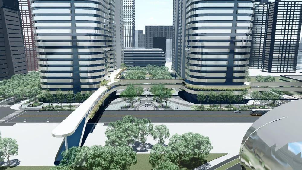 特貿三北基地最大的亮點之一,正是逾 5,000 坪的中軸廣場,棟距寬度達 60 公尺,打造黃金級智慧建築與產業生活場域,串連高市圖總館、承億酒店、星光水岸公園,以及未來的街角廣場,營造大面積綠地與徒步空間,提升景觀穿透與城市風廊,優化都市環境品質。
