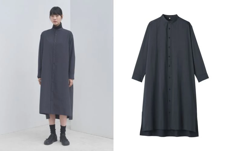 Muji Labo這款洋裝以木漿再生纖維與植物來源的莫代爾混紡製成，布料柔滑細膩，兼具親膚舒適與吸濕排汗特性。