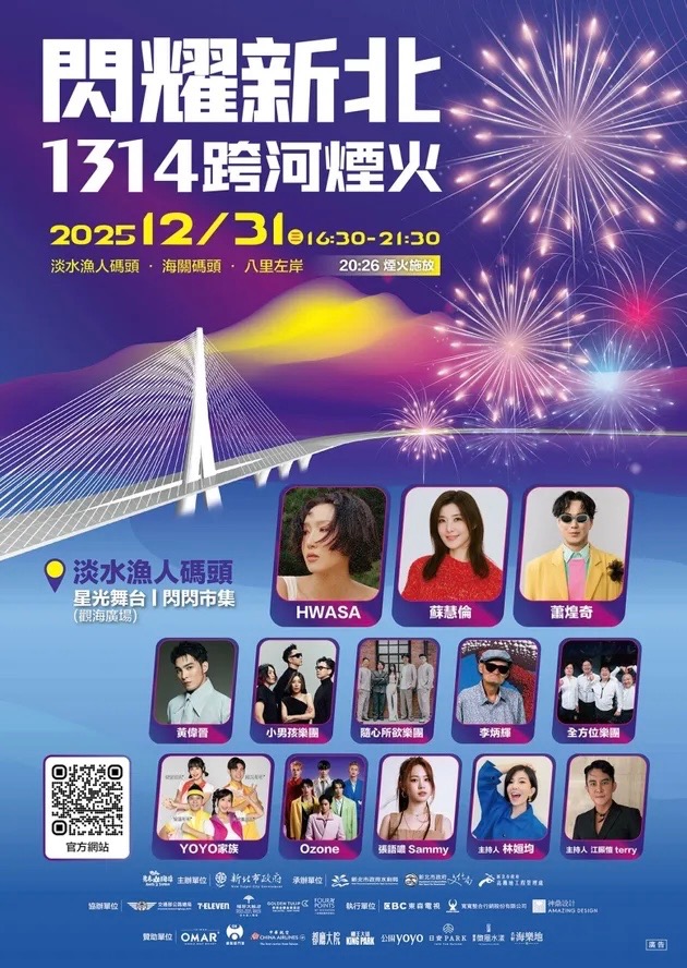 新北市跨年的精彩程度也不遑多讓，這次同樣分為淡水漁人碼頭與八里左岸兩大場域，淡水漁人碼頭從下午四點半就開場，一路邀來 MAMAMOO 成員華莎、蘇慧倫、Ozone、蕭煌奇、黃偉晉...等卡司接力演出。